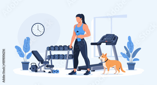 Woman with dog in a home gym with weights and treadmill