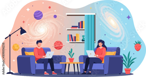People with laptops in cozy living room with galaxy backdrop and planets