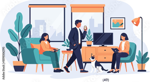 People interacting in a modern living room with a dog