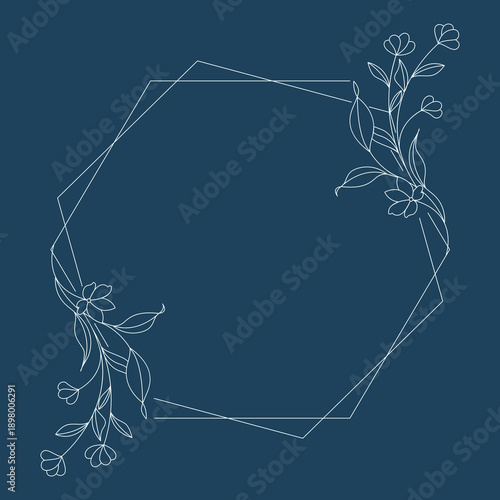 Floral polygon hand drawn style. Floral navy frame of twigs, leaves and flowers. Frames for Valentine’s Day, wedding decor, logo and identity template.