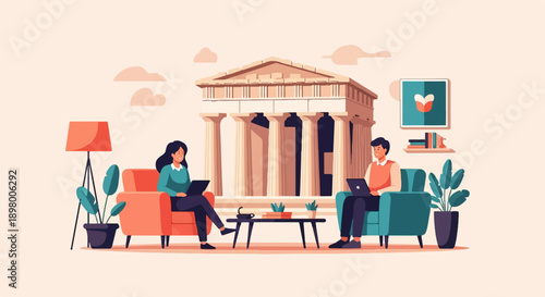 People with laptops near ancient building in cozy interior