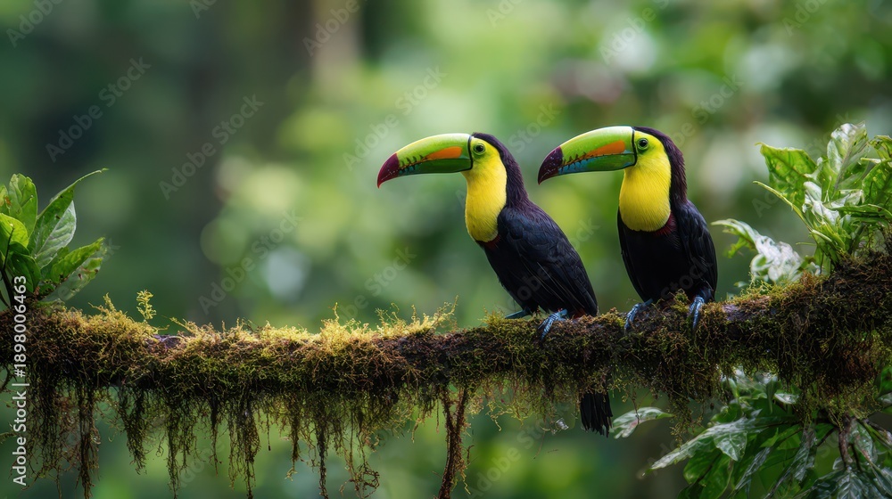 Fototapeta premium Colorful keel-billed toucans amid lush green canopy in Central America