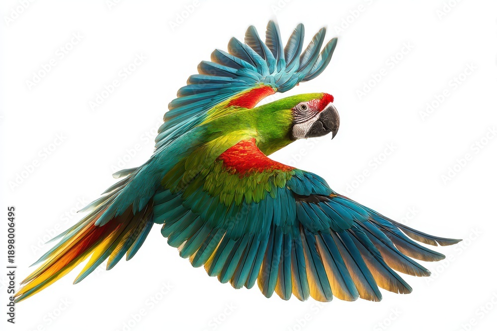 Obraz premium Colorful parrot in mid-flight isolated on a pure white background