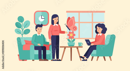 People interacting in a cozy room with decor