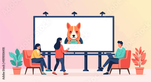 People gather around a large screen displaying a cartoon dog