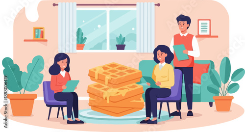 People gather around a stack of delicious waffles indoors