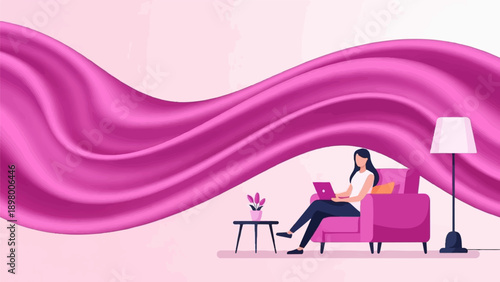 Woman working on laptop in armchair, with pink wavy fabric and floor lamp