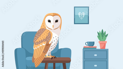 Owl perched on a stool in a minimalist room with a blue armchair