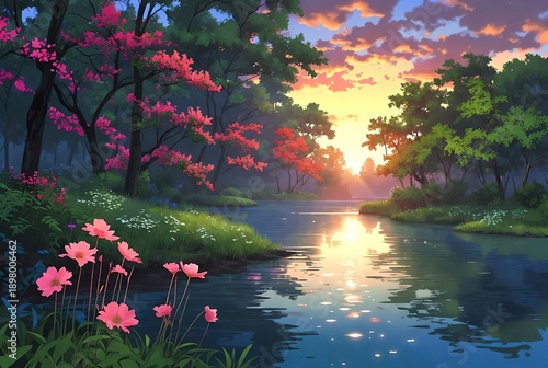 Vibrant serene river landscape with pink flowers and lush trees at sunset