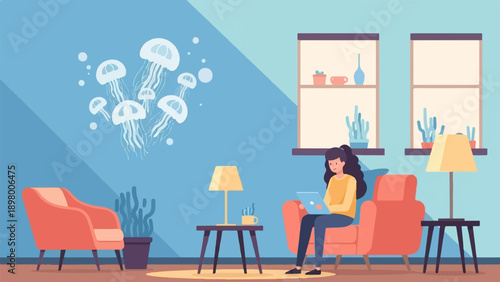 Woman working on laptop in cozy living room with jellyfish art