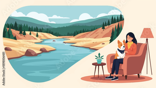 Woman with dog relaxing indoors, dreaming of a scenic riverside landscape