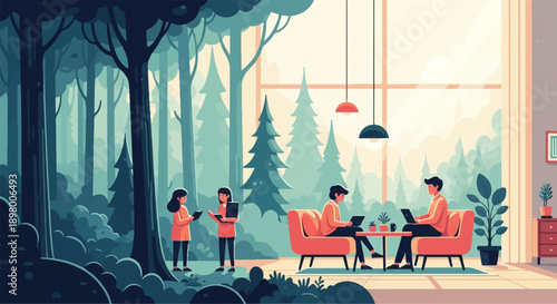 People work and relax in a nature-inspired indoor space with large windows