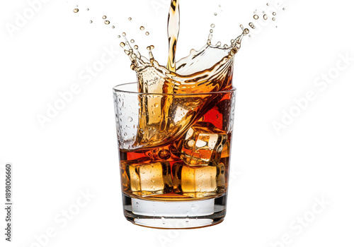 A refreshing splash of amber liquid from a glass with ice on transparent background