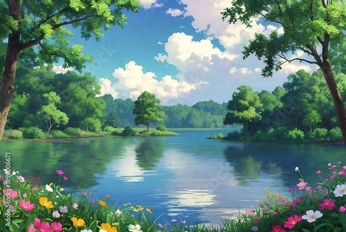 Lush green landscape with peaceful lake, vibrant wildflowers and blue sky