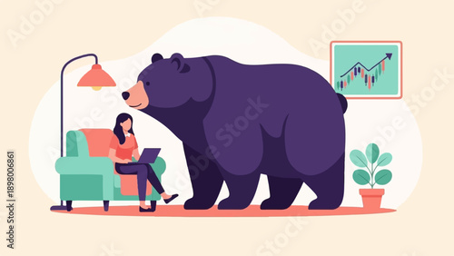 Woman working on laptop near large bear, with stock chart on wall