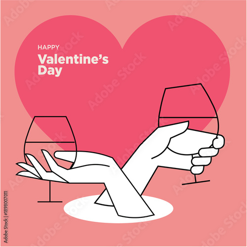 A beautiful Valentine's Day illustration featuring two hands holding wine glasses against a large pink heart, perfect for romantic celebrations and themed designs