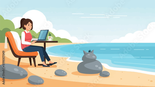 Woman working on laptop on a beach, with ocean and clouds