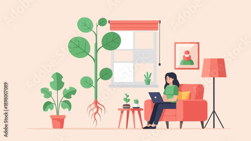 Woman working on laptop on couch next to houseplants and window