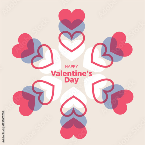 Happy Valentine's Day graphic illustration with overlapping hearts in a circular pattern