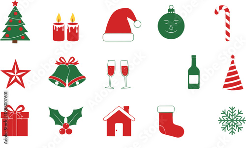 Christmas and Holiday Icon Set with Tree, Candles, Santa Hat, Ornaments, Gifts, Bells, Stocking, Snowflake, and Festive Celebration Symbols