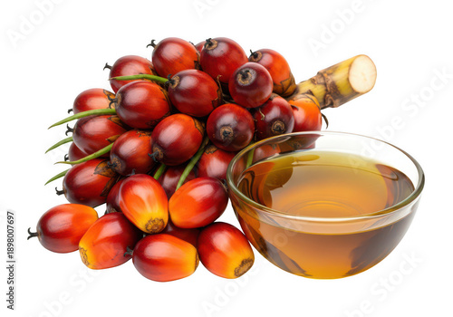 A bunch of oil palm fruits with oil in a glass on transparent background