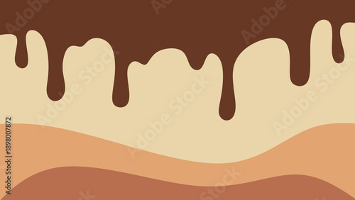 Melted dark chocolate dripping background. Sweet brown liquid sauce flow vector illustration. Abstract fluid brown splash texture with copy space. Minimalist milk chocolate and caramel wave banner.