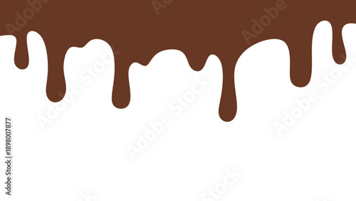 Melted chocolate or syrup drips isolated on a white background. Flowing liquid chocolate border element. A sweet brown syrup or sauce that melts and drips.