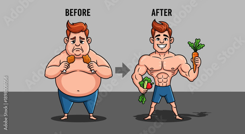 Cartoon illustration of a man transforming from overweight to fit, holding donuts and vegetables on a gray background.