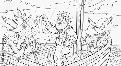 Coloring page for kids featuring a fisherman feeding birds on a boat at sea