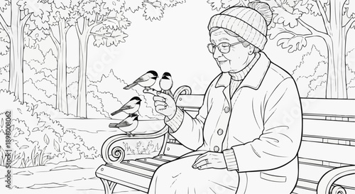 Coloring page for kids featuring a grandmother feeding birds in a park