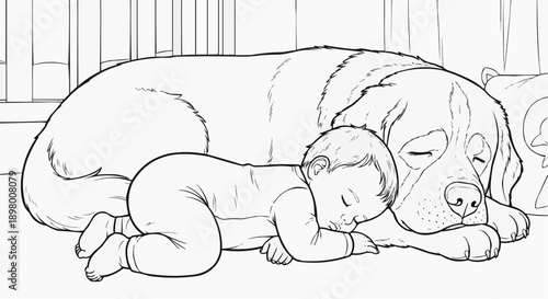 Coloring book for kids - A child fell asleep next to a big dog