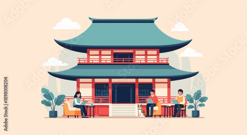 People work and relax near traditional East Asian architecture
