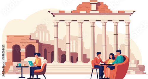 People relax near ancient ruins, enjoying drinks and a laptop