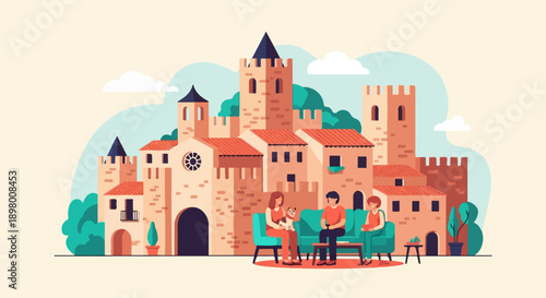 People relax on a sofa in front of a quaint medieval town scene