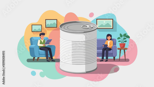 People relax on couches near a large tin can