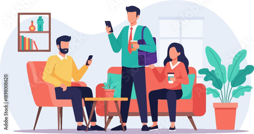 People relaxing and using phones in a modern lounge area