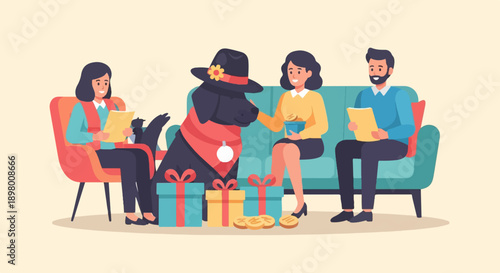 People and dog on sofa with gifts and treats, cozy atmosphere