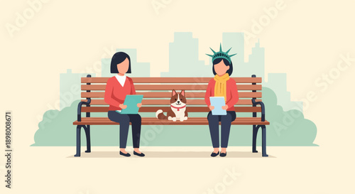 People and dog on park bench with skyline background