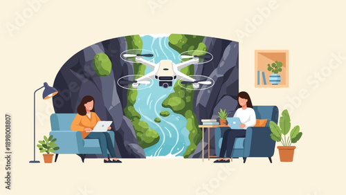 People work remotely by a waterfall, with a drone flying above