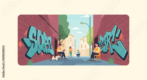 People and dog relax in urban alley with graffiti art