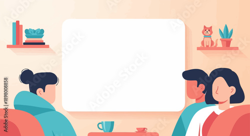 People relaxing and watching a blank screen in a cozy living room setting