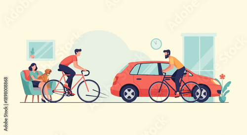 People and dog relax indoors while cyclists ride past an orange car