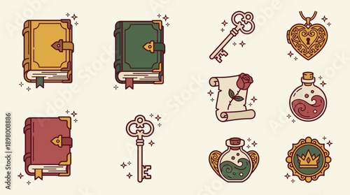 Magical Fantasy Objects Vector Icons: Spellbooks, Antique Keys, Potions, Heart Locket, and Royal Crown Badge.