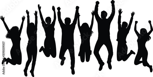 Group of happy diverse people jumping together in celebration, flat vector illustration of successful community teamwork, joyful crowd cheering and dancing