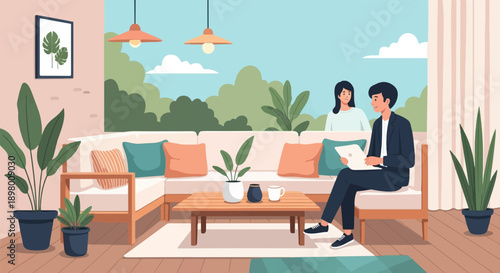 People relaxing and working on a patio with plants and a view of trees