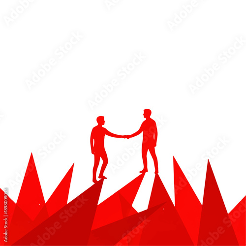 Two red silhouettes shake hands atop a dramatic landscape of sharp, red geometric forms, symbolizing successful collaboration and overcoming obstacles with a strong sense of achievement