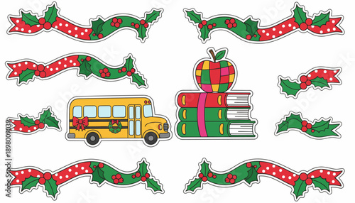 Christmas School Stickers Clipart. Festive Holly Ribbons, Yellow Bus, Stacked Books, and Apple. Winter Education Graphics Set.