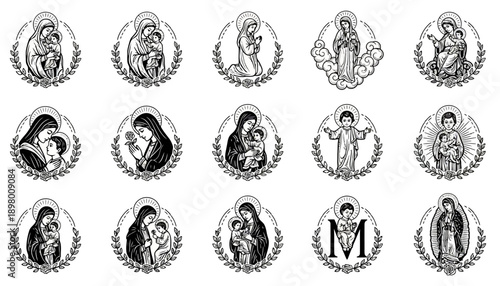 Virgin Mary and Infant Jesus Vector Icon Set. Madonna and Child Collection. Black and White Christian Line Art Bundle for Tattoo, Design, and Devotion.