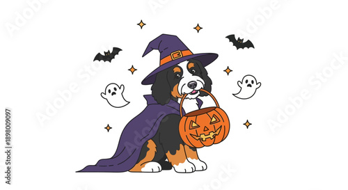 Cute Bernese Mountain Dog in Witch Costume Holding Jack-o'-Lantern Bucket. Funny Halloween Puppy Vector with Ghosts and Bats.