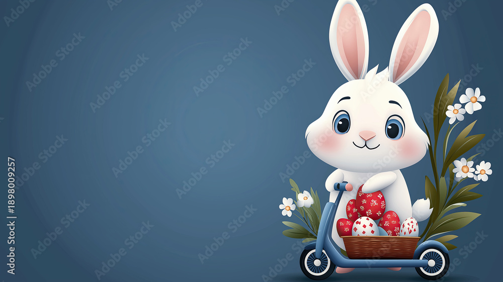 Fototapeta premium Cute Easter bunny riding a scooter with a basket of decorated eggs. Cartoon rabbit character for a spring holiday celebration. Illustration with copy space